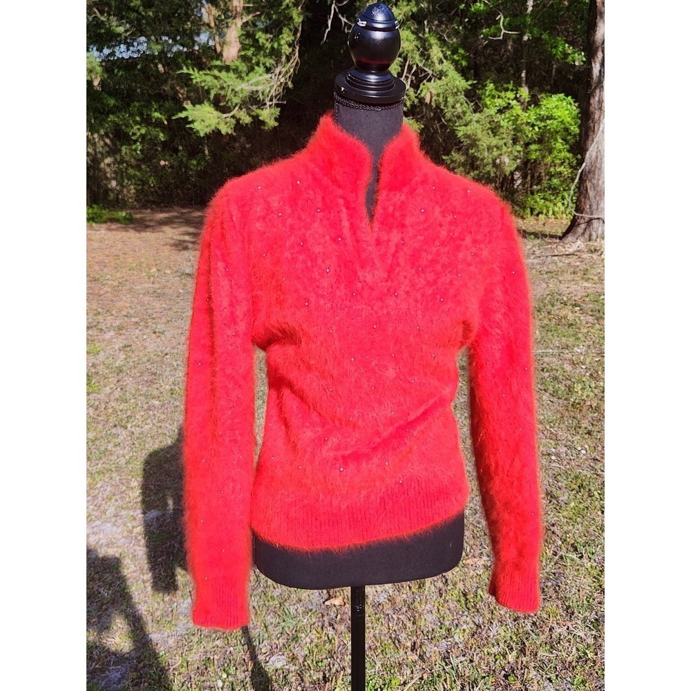 ANGORA Vtg TOMATO RED SWEATER Soft Bead Puff Sleeve Pullover Hi Neck Top M 38 - Picture 7 of 8